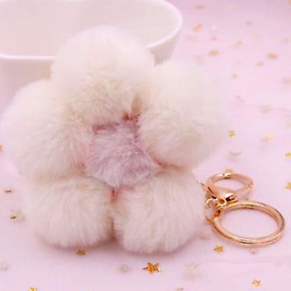XMAS SALE White and Pink Retro Plush Flower Bag Charm Keychain - Picture 2 of 4